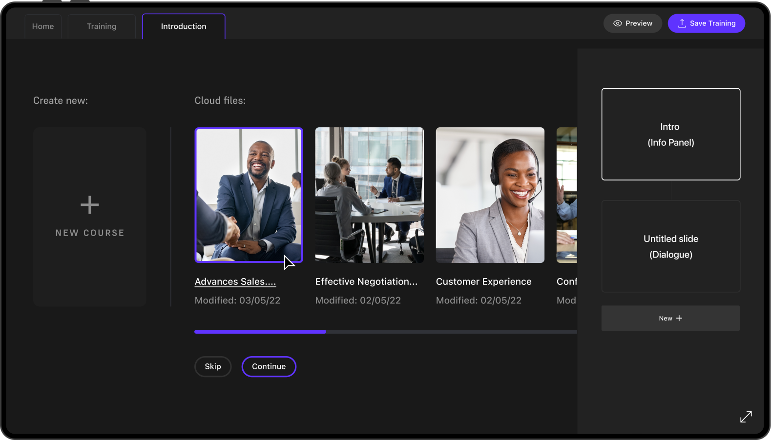 Render of the content-creation application opened to select a course to open. There are several courses to select from, titled 'Advanced Sales', 'Effective Negotiation', etc.