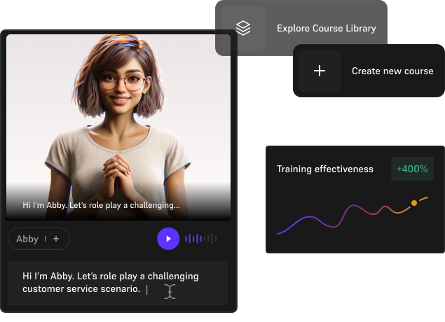 Illustration with a person doing training in VR, two buttons saying 'explore course library' and 'create new course', as well as a screenshot of the application, where a character is selected for a dialogue.