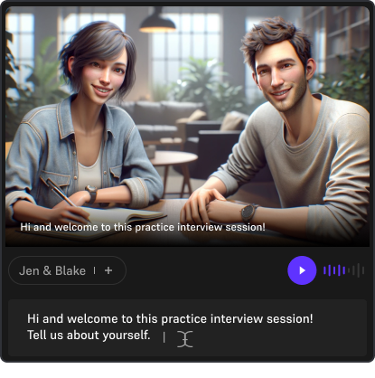 A digitally crafted image of two AI-generated characters, a man and a woman, in a professional setting that offers a relaxed atmosphere. The woman features a stylish bob haircut and wears a casual denim jacket, while the man has tousled brown hair and dons a comfortable grey sweater. Their friendly smiles and open postures welcome viewers to a practice interview session. The backdrop is a modern, well-lit workspace with elements of a cozy café, including plants and warm lighting, blending professionalism with comfort. The image includes text saying, 'Hi and welcome to this practice interview session! Tell us about yourself,' highlighting an interactive interview training scenario.